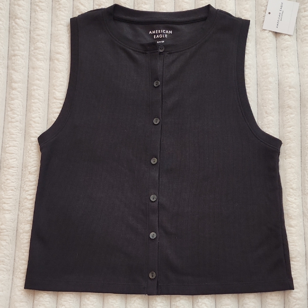 American Eagle Outfitters Black Ribbed Button-Front Tank
